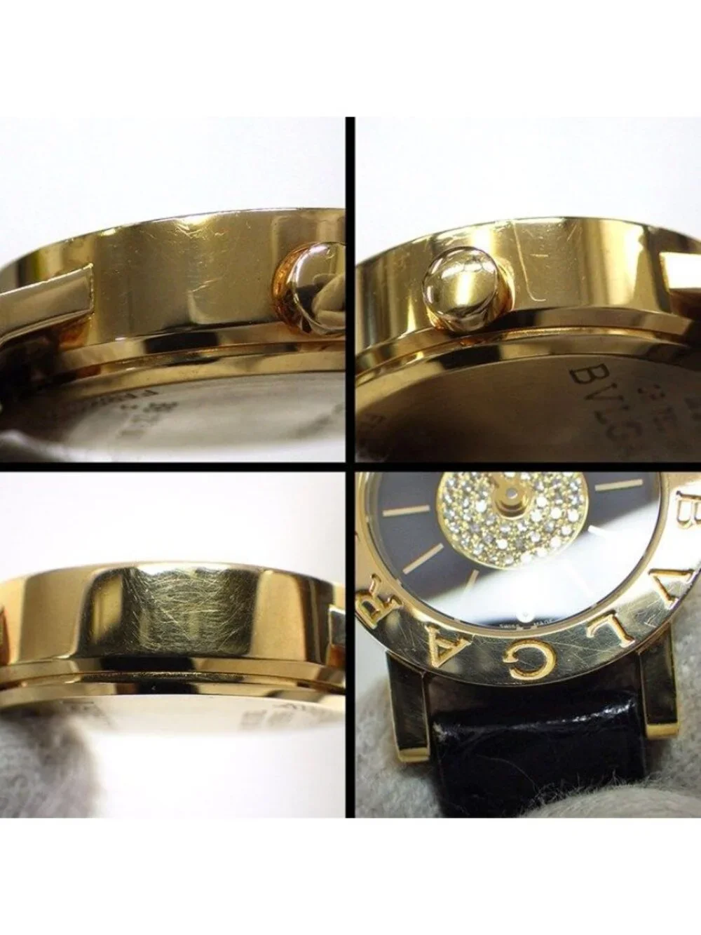 Bvlgari Watch Black Dial Leather Strap Pave Diamond 18k Yellow Gold SS Quartz